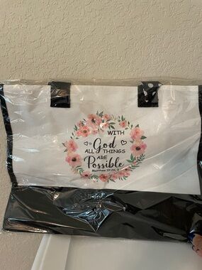 Brand New Floral Inspirational Tote Bag - White with Pink Flowers & Black Trim